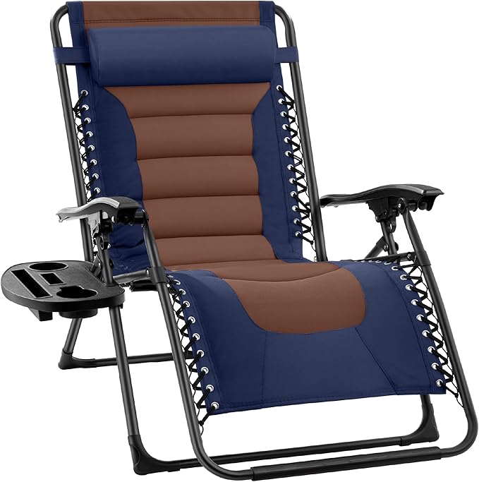 Best Choice Products Oversized Padded Zero Gravity Chair, Folding Outdoor Patio Recliner, XL Anti Gravity Lounger for Backyard w/Headrest, Cup Holder, Side Tray, Polyester Mesh - Navy/Brown