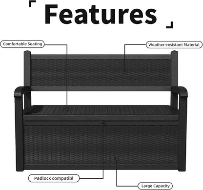 DRATO 75 Gallon Storage Bench Deck Box Outdoor Indoor,Lockable Durable All-Weather Seating with Hidden Storage,Deck Storage for Garden, Pool, Patio,Black