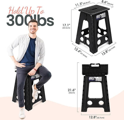 Delxo Folding Step Stool 17.5 Inch Non-Slip Foldable Stools for Kids & Adults Up to 300 LBS Kitchen Collapsible Fold Up Stepping Stool with Dotted 1 Pack Black