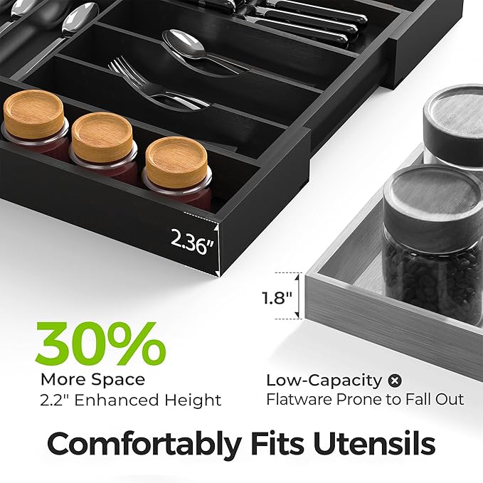 Bamboo Kitchen Drawer Organizer, Expandable Silverware Organizer