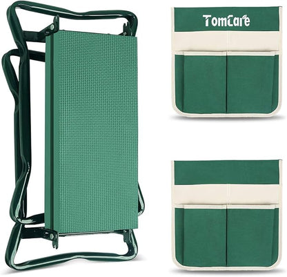 TomCare Upgraded Garden Kneeler Seat Widen Soft Kneeling Pad Garden Stools Garden Bench with 2 Large Tool Pouches Outdoor Foldable Gardening Gifts for Women Men Gardeners, Green