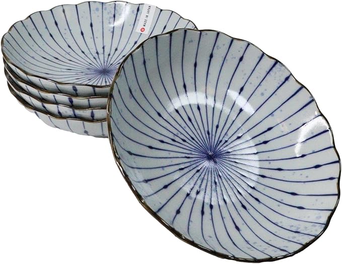 Ebros Gift Artistic Blue Waves Fubuki Tokusa Made In Japan Dinnerware Serveware Kitchenware Set Asian Japanese Restaurant Supply (Pack Of 6 Round Flair Large Deep Plates Shallow Bowls 24oz)