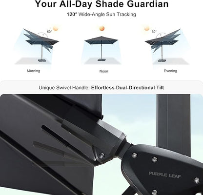 PURPLE LEAF 8.8' X 8.8' Left-right Tilt Patio Umbrella with Base Outdoor Cantilever Swivel Square Umbrella with Tilt Aluminum Offset Umbrella with 360-degree Rotation for Garden Deck Pool Patio Grey