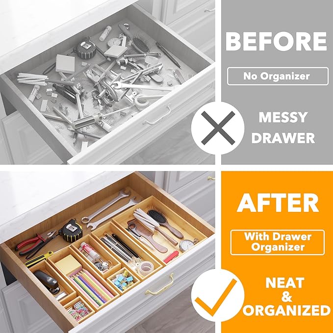 SpaceAid 7-Piece Bamboo Drawer Organizer Storage Boxes Set, Wood Tray Junk