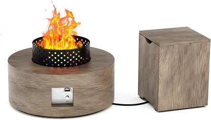 2-Piece 30" Round Propane Fire Pit for Outside Patio with Hidden Tank Table, 50,000 BTU Fireplaces with Wind Guard, Lid, Glass Rocks, Cover(Wood Grain Walnut)