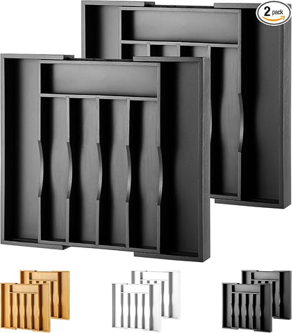 2-Piece Expandable Bamboo Kitchen Drawer Organizer