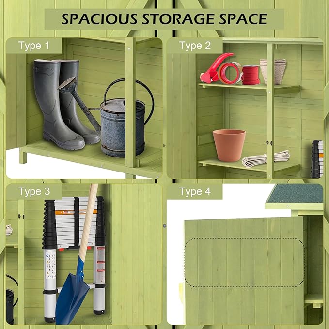 Outvita Outdoor Storage Cabinet with Waterproof Roof, Double Lockable Doors Garden Shed with 2 Removable Shelves, Wooden Storage Shed with Large Storage Space for Yard Garge Patio Deck Porch（Green）