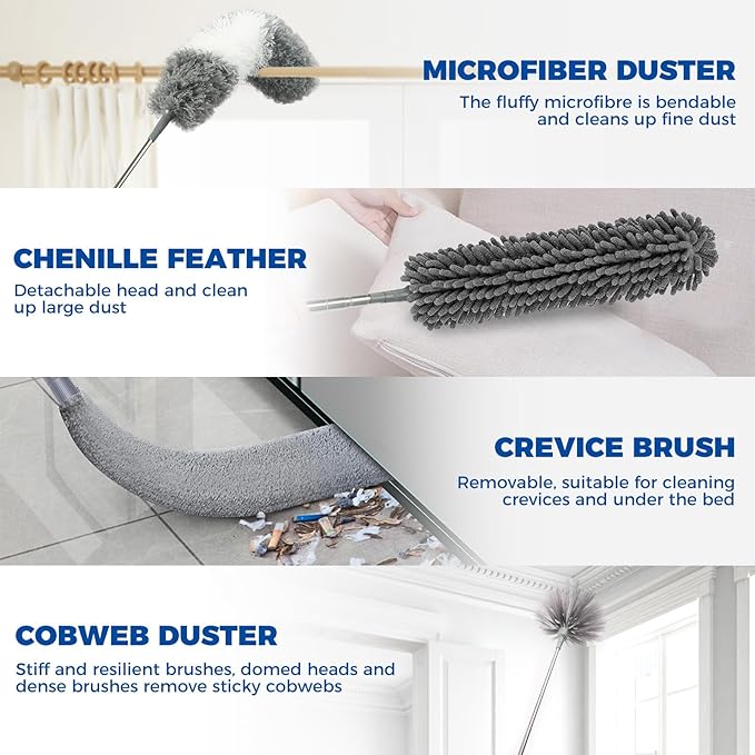 9Pcs Dusters for Cleaning Kit, Extendable Microfiber Duster Tools