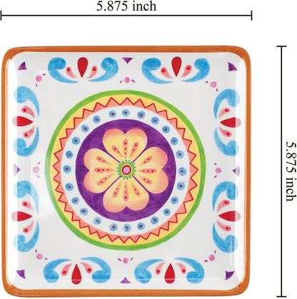 UP UPware Cinco de Mayo Melamine Square Dessert Plates, Small Serving Plates, Cinco de Mayo Decorations, for Appetizer, Snacks, and Side Dishes, Multicolor, 5.88 Inch, Set of 4