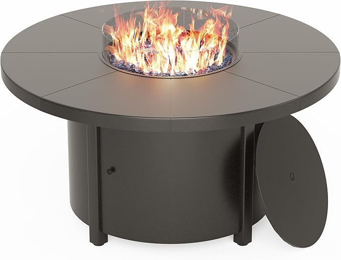 Kullavik 48" Round Propane Fire Pit Table,55000 BTU Auto-Ignitiongas Gas Fire Table with Fire Glass and Lid,Waterproof Cover and Blue Glass Stone for Patio,Balcony,Garden