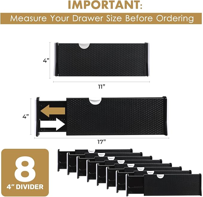 RAPTUROUS Adjustable Drawer Dividers 8 Pack, 4” High, 11-17” Long, Dresser
