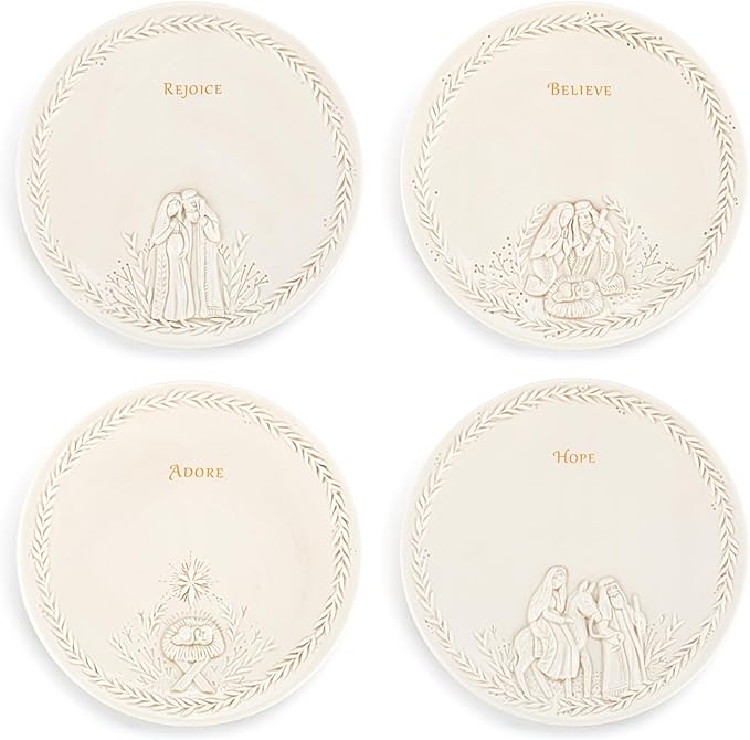 DEMDACO Christmas Journey Nativity Scene White 7.5 Inch Diameter Earthenware Faith, Religious, Decorative Holiday Tabletop Décor, Serving, Entertaining, Round, Appetizer Plates, Set of 4, Nativity