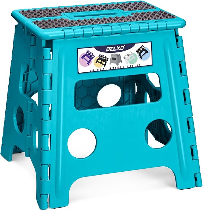 Delxo Folding Step Stool 13 Inch Non-Slip Foldable Stools for Kids & Adults Up to 300 LBS Kitchen Collapsible Fold Up Stepping Stool with Dotted 1 Pack Blue