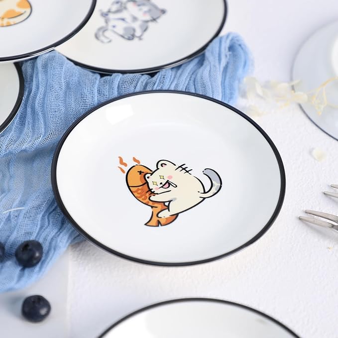 SOCOSY Super Cute Cartoon Animal Ceramic Sauce Dishes, Seasoning Dishes, Little Cat Dog Bird Feeding Bowls, Sushi Soy Dipping Bowls, Appetizer Plates, Dessert Plates, Set of 6-Cats-5 Inch