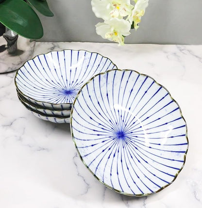 Ebros Gift Artistic Blue Waves Fubuki Tokusa Made In Japan Dinnerware Serveware Kitchenware Set Asian Japanese Restaurant Supply (Pack Of 6 Round Flair Deep Plates Shallow Bowls 15oz)