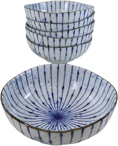 Ebros Gift Artistic Blue Waves Fubuki Tokusa Made In Japan Dinnerware Serveware Kitchenware Set Asian Japanese Restaurant Supply (Pack Of 6 Round Flair Medium Shallow Bowls 20oz)