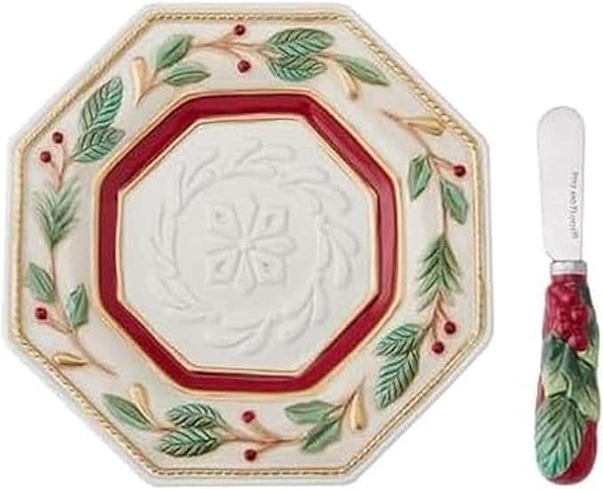 Fitz and Floyd Woodland Holiday Appetizer Plate and Spreader Set, Christmas Serveware with Holly and Berry Design, Festive Snack Plate, 6.75 Inch