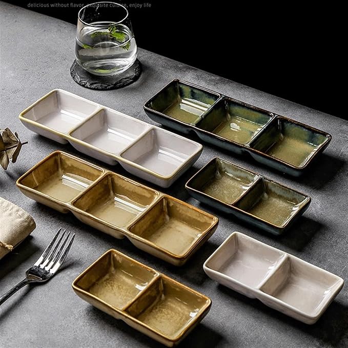 Seasoning Plate 5.2 x 2.6 Inch Two Piece Stackable Ceramic Serving Tray. Set of 2 Decorative Ceramic Appetizer Trays, Snack Soy Sauce Dessert Plates, Ceramic Sauce Plates (Color