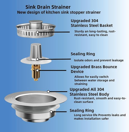 2 Pcs 3 in 1 Kitchen Sink Drain Strainer, Universal Stainless Steel Kitchen