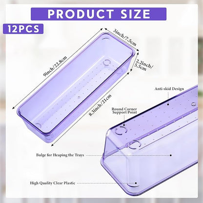 Maitys 12 Pcs Clear Drawer Organizer 9 x 3 x 2 Inches Plastic Rectangle Trays