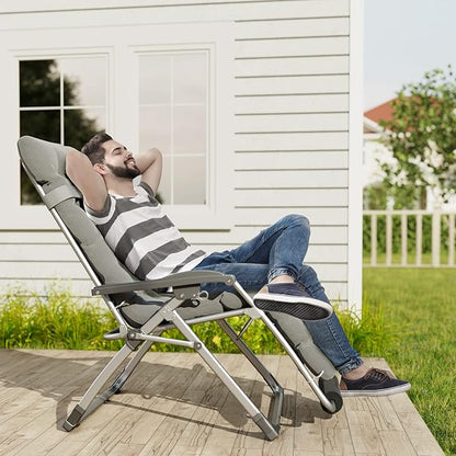 UDPATIO Oversized Zero Gravity Chair 29In XL Patio Reclining Chair with Cushion, Outdoor Folding Recliner with Pillows|Cup Holder|Foot Rest|Padded Headrest, Grey, Support 500LB