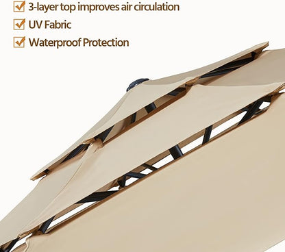 Yaheetech 3-Tier Patio Umbrella 10ft Vented Outdoor Canopy Sun Shade Large Market Table Umbrella Double-layer Cloth & Push-button Tilting for Yard/Garden/Park Tan