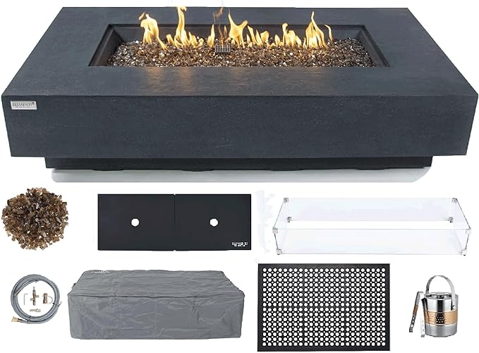 Elementi+ | Bundle Positano Gas Fire Pit Cast Concrete 60" Rectangular Fire Table, Outdoor Fire Pit Electronic Ignition | Canvas Cover, Fire Glass and Burner Lid Included | Dark Gray | Natural Gas