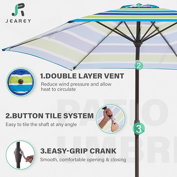 JEAREY 7.5FT Patio Umbrella Market Table Umbrella with 6 Sturdy Ribs, Push Button Tilt/Crank Outdoor Umbrella for Garden, Deck, Backyard, Pool and Beach,Bold Blue-Green Stripe