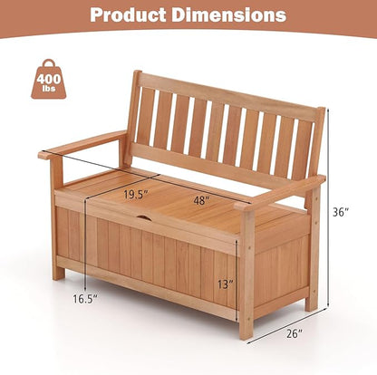 Tangkula 48 Inch Outdoor Wood Storage Bench Deck Box, Wooden Storage Loveseat with 34.2 Gal Inner Space, Entryway Bench Deck Box with Slatted Backrest, Storage Seat for Garden, Lawn, Balcony & Porch