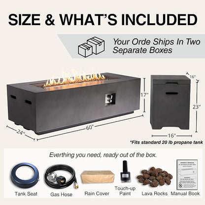 HillAethel 60-Inch Propane Fire Pit Table with Propane Tank Side Table,Set-2-Piece,60,000 BTU Concrete Gas Fire Pit with Free Rain Cover, Tank Seat, Lava Rocks, for Outside Patio Backyard,Dark Grey