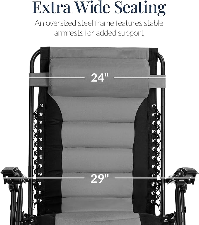 Best Choice Products Oversized Padded Zero Gravity Chair, Folding Outdoor Patio Recliner, XL Anti Gravity Lounger for Backyard w/Headrest, Cup Holder, Side Tray, Polyester Mesh - Gray