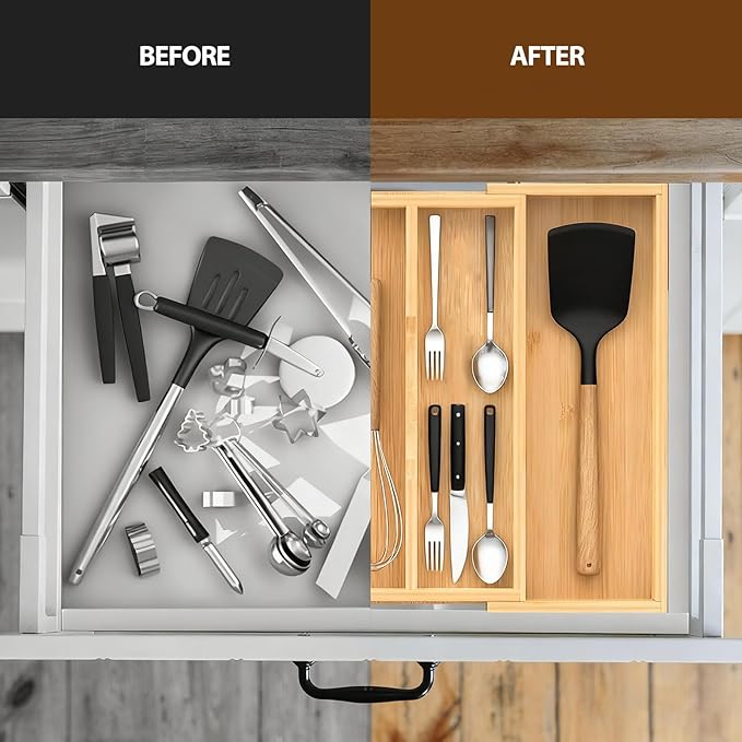 Bamboo Expandable Kitchen Drawer Organizer, 3-5 Slots Drawer Organizer