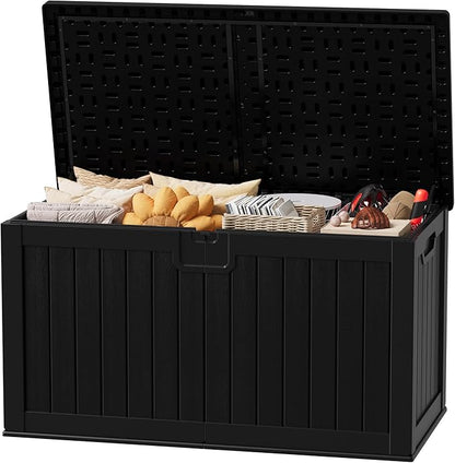 JUMMICO 250 Gallon Outdoor Resin Deck Box with Divider, Waterproof Storage Box with Lockable Lid&Side Handles for Garden Tools, Pools Supplies (Black)