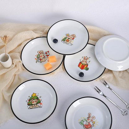 SOCOSY Cute Cartoon Christmas Rabbits Ceramic Sauce Dishes, Seasoning Dishes, Little Cat Dog Bird Feeding Bowls, Sushi Soy Dipping Bowls, Appetizer Plates, Dessert Plates-Rabbits-5 Inch, Set of 6