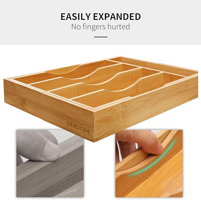 2-Piece Bamboo Silverware Organizer, Expandable Kitchen Drawer Organizer
