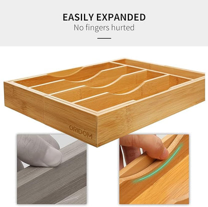 2-Piece Bamboo Silverware Organizer, Expandable Kitchen Drawer Organizer
