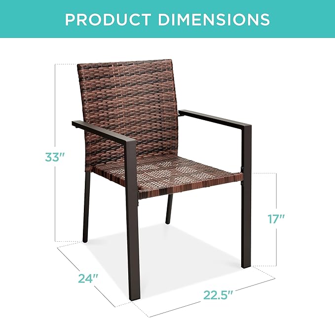 Best Choice Products Set of 2 Stackable Outdoor Wicker Dining Chairs All-Weather Firepit Armchair w/Armrests, Steel Frame for Patio, Deck, Garden, Yard - Light Brown