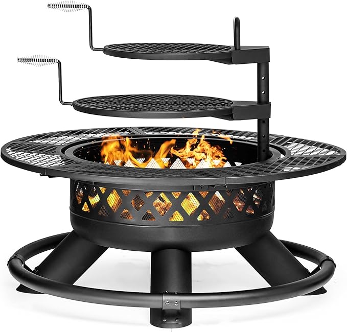 Panovue 47 Inch Outdoor Wood Burning Fire Pit with 2 Grills,Extra Large 3-in-1 Fire Pit with Metal Lid & Fire Poker, Heavy Duty BBQ Firepits for Outside, Backyard, Bonfire, Patio & Party (47'' Black)