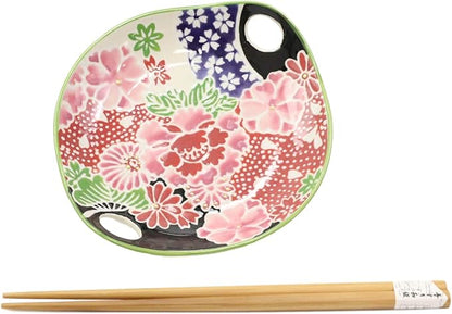 Ebros Pink Sakura Cherry Floral Blossoms Appetizer Snack Serving Coupe Plate Dish With Chopsticks And Built In Rest Set 7"L Small Flat Bowl For Hors D'oeuvres Sushi Ice Cream Serveware Plates (2)