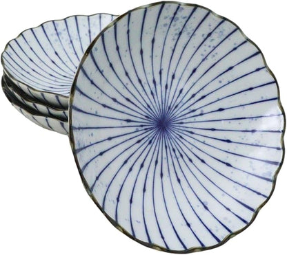 Ebros Gift Artistic Blue Waves Fubuki Tokusa Made In Japan Dinnerware Serveware Kitchenware Set Asian Japanese Restaurant Supply (Pack Of 6 Round Flair Deep Plates Shallow Bowls 15oz)