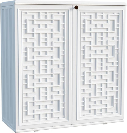 Indoor Outdoor Storage Cabinet Waterproof with Shelf, Off White Plastic Outdoor Cabinets for Patio/Garden/Backyard, Size 34.3''L*15''W*36.2''H