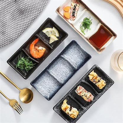 Appetizer Plate Ceramic Three Grid Sauce Dish Appetizer Serving Tray Vinegar Soy Mustard Sushi Snack Dish Dipping Bowl Kitchen Tableware Snack Plate Sauce Dipping Saucer
