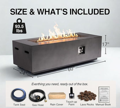 HillAethel 60-Inch Rectangular Propane Fire Pit Table, 60,000 BTU Concrete Outdoor Gas Fire Pit Table with Waterproof Cover, Tank Seat, Free Lava Rocks, for Outside Patio Backyard, Dark Grey