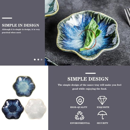 ARTIBETTER 3pcs Ceramic Seasoning Dishes Set with Lotus Leaf Design, Vinegar and Soy Sauce Plates, Assorted Blue Gradient, Original Rice, Vintage White for Appetizer Serving and Random Color