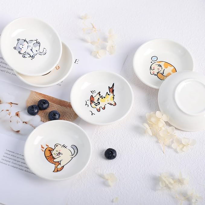 SOCOSY Super Cute Cartoon Animal Ceramic Sauce Dishes, Seasoning Dishes, Little Cat Dog Bird Feeding Bowls, Sushi Soy Dipping Bowls, Appetizer Plates, Dessert Plates, Set of 6-Cats-3.5 Inch