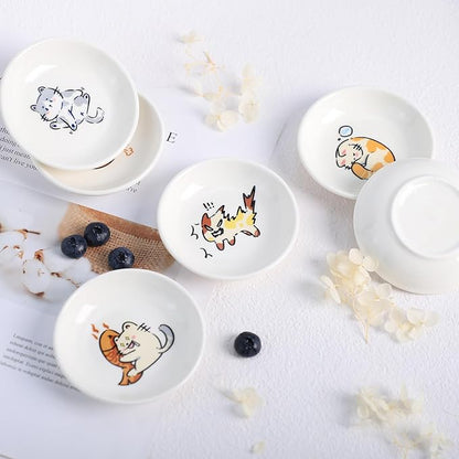 SOCOSY Super Cute Cartoon Animal Ceramic Sauce Dishes, Seasoning Dishes, Little Cat Dog Bird Feeding Bowls, Sushi Soy Dipping Bowls, Appetizer Plates, Dessert Plates, Set of 6-Cats-3.5 Inch