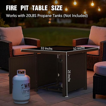 BALI OUTDOORS 32 inch Glass Tabletop Propane Fire Pit Outdoor, 50,000 BTU Propane Fire Pit Table Square, Gas Firepits for Outside Patio, Garden, Brown