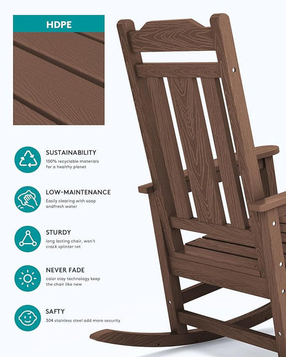 SERWALL Outdoor Rocking Chair Set of 6, Patio Rocking Chairs Set, HDPE Rocking Chair Outdoor for Adults, Heavy Duty Front Porch Rocker, Coffee