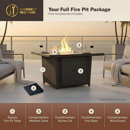 42'' Propane Fire Pit Table, 50,000 BTU Outdoor Gas Fire Table with Lid, Square Aluminum Fire Table with Wind Guard and Weather Cover, 2 in 1 Rattan Firepit Table for Outside Patio, Backyard, Gray