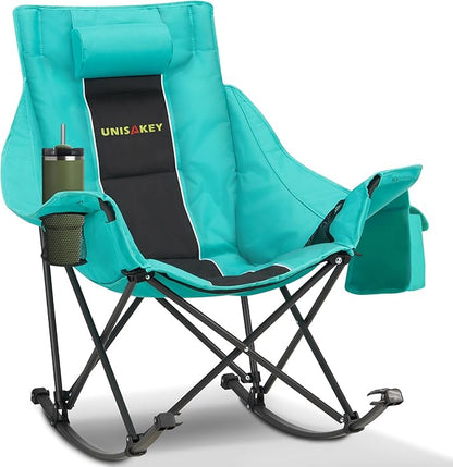 Oversized Rocking Camping Chair with Headrest & Cup Holder - 400lbs Capacity, 600D Oxford Fabric, Easy Fold Portable Outdoor Rocker Chair for Camping, Backyard, Beach, Blackgreen